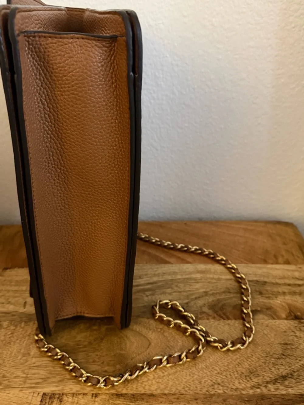 Tory Burch Tan Pebbled Leather Chain Crossbody with Gold Logo